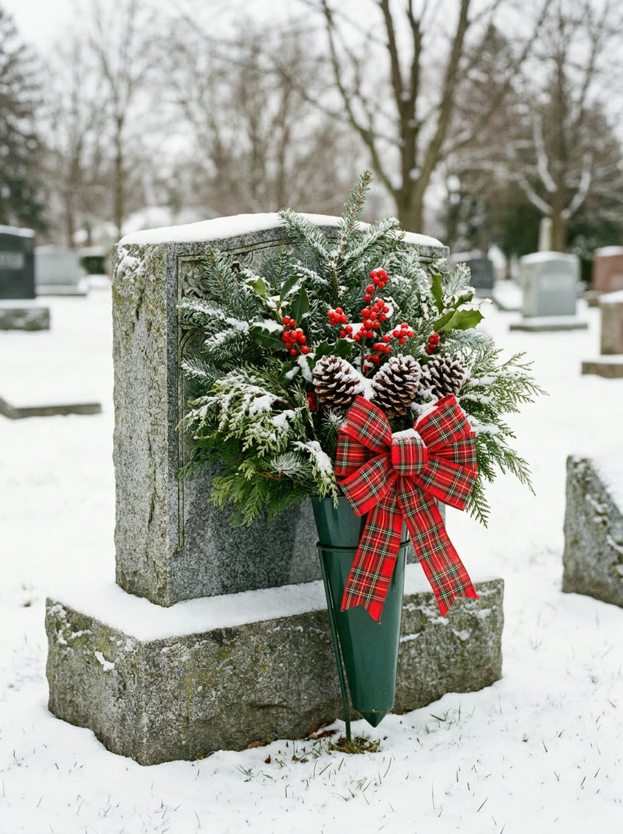 AI-styled preview of a Christmas spike arrangement placed at a graveside in light snow.